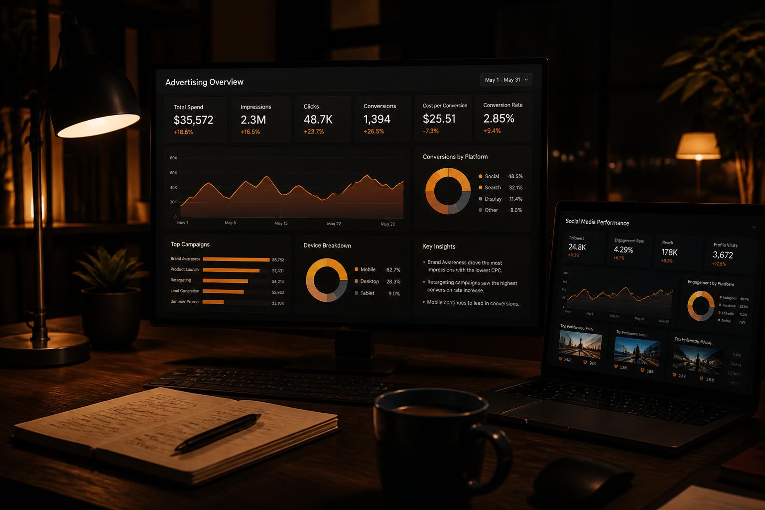 Campaign and social analytics dashboards on a dark workspace